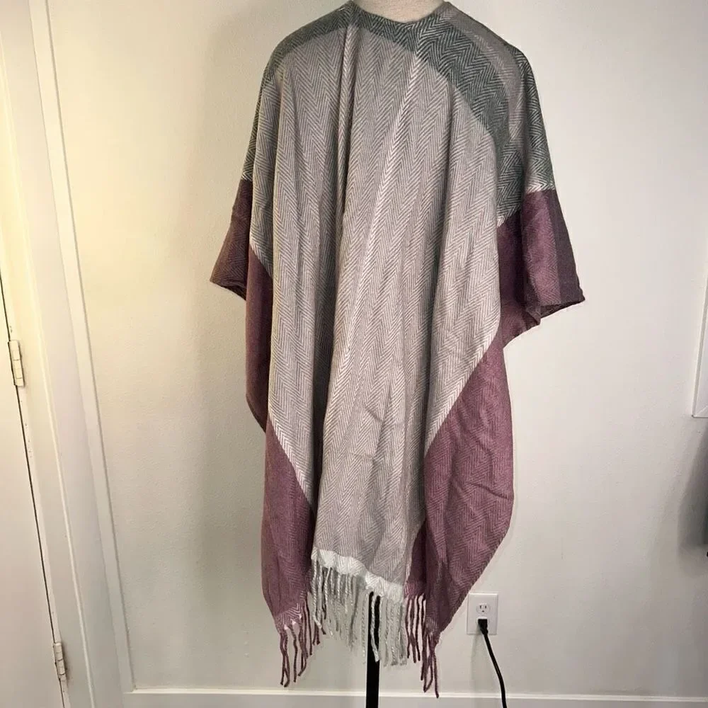 Woolrich Womens OS Purple & Gray Cozy‎ Blanket Duster Sweater Wrap Fringe Trim